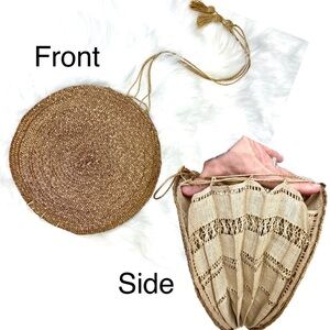 Incredible Vintage Round Woven Basket Purse Accordion Crochet Lace Tassels
